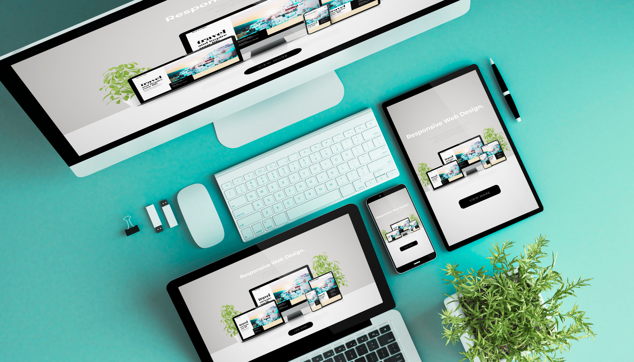 Site web sur ordinateur, tablette et cellulaire, sur un bureau turquoise