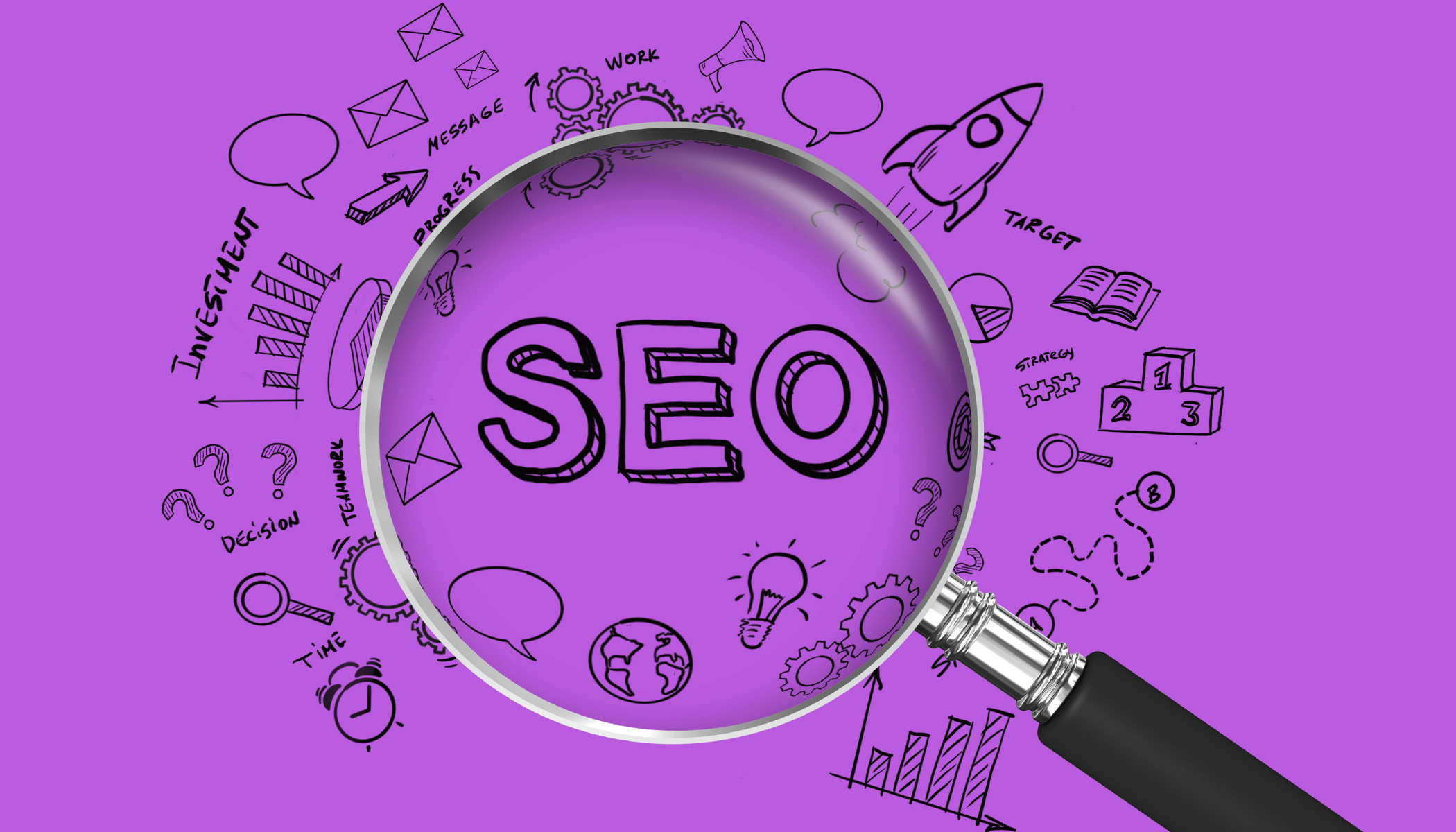 Letters SEO with purple background and SEO icons