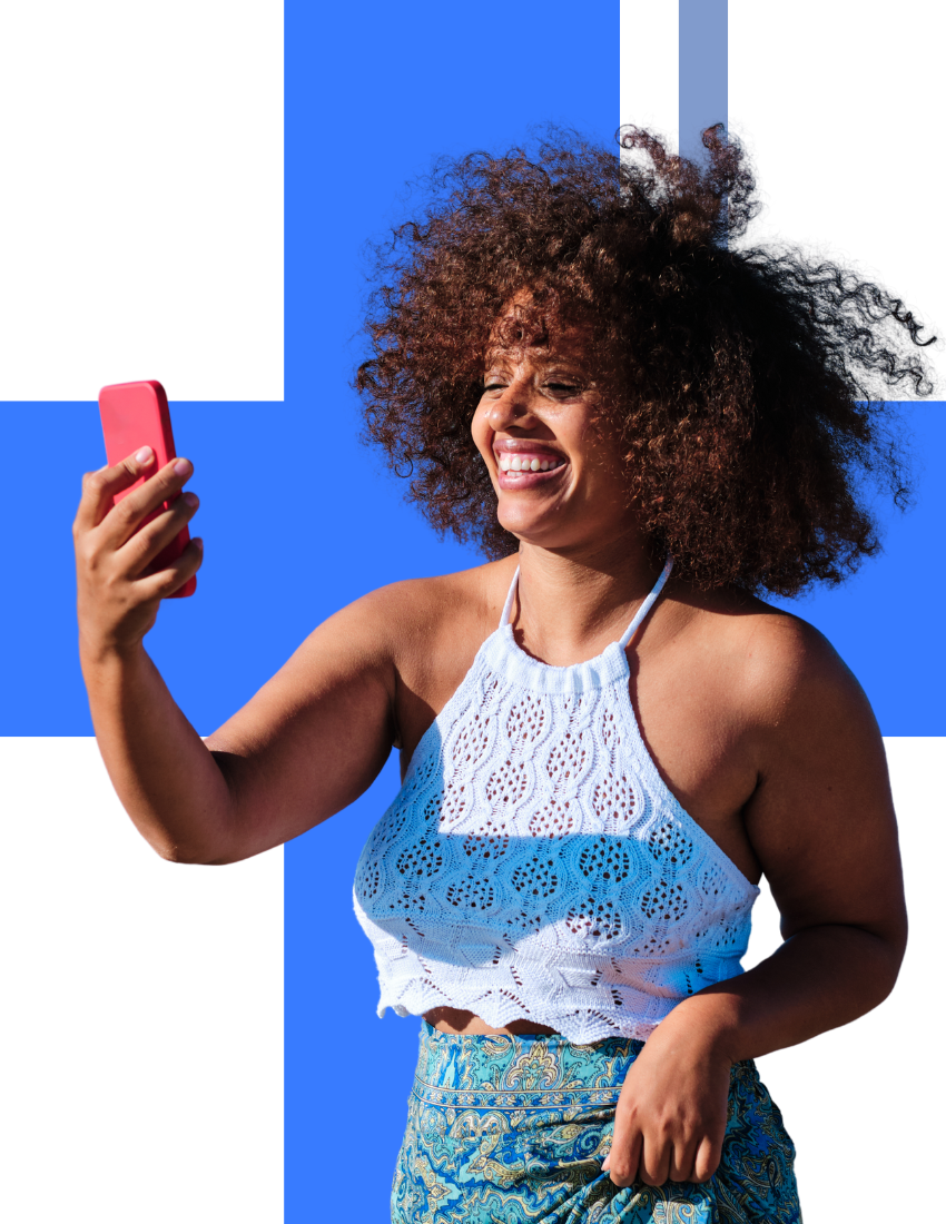 women scrolling on phone with blue hashtag