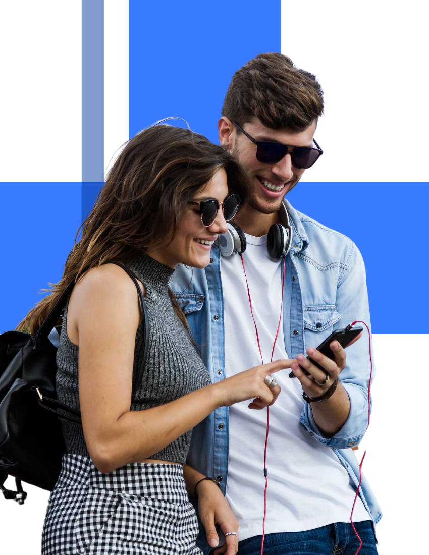 couple scrolling on phone with blue hashtag