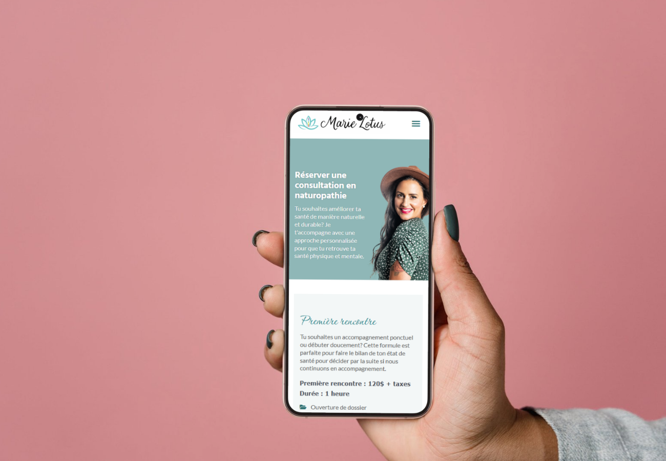 Mockup cellulaire avec site web de Marie Lotus