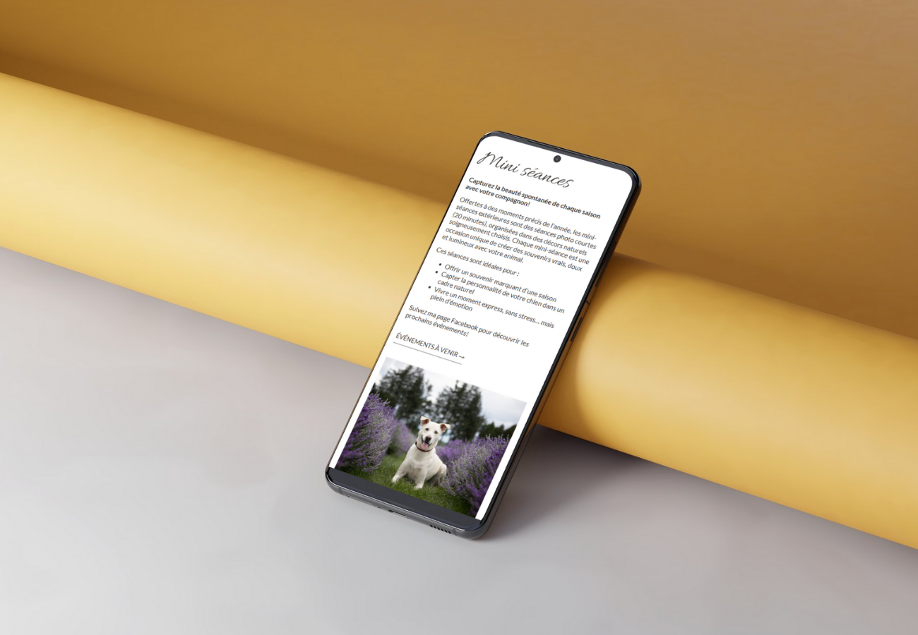 Site web de Lison Plante, photographe canin, dans un cellulaire