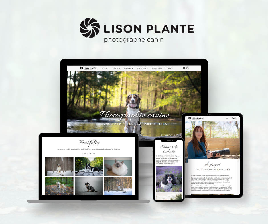 Mockup du site web de Lison Plante, photographe canin, sur plusieurs mobiles