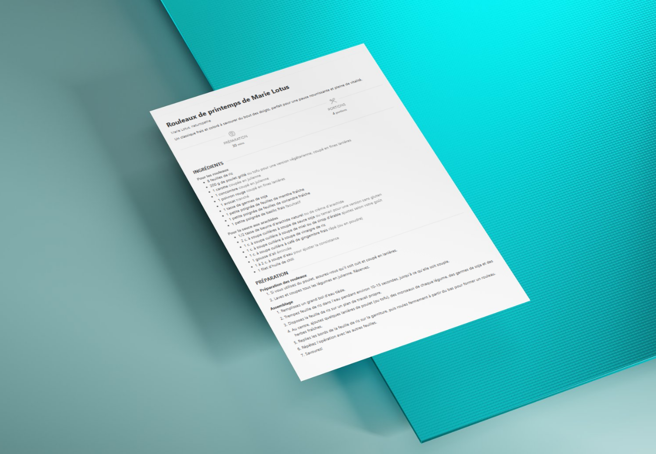 Fiche de recette du site web de Marie Lotus